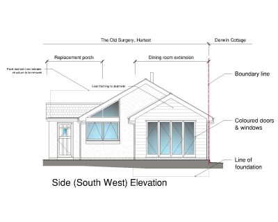 Architectural drawing showing the south-west side elevation with the porch and dining room extension.